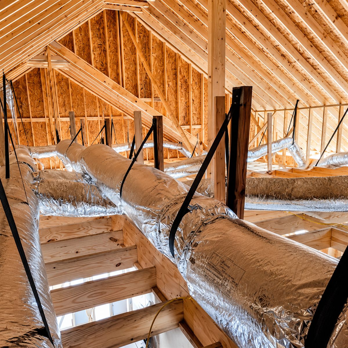 Insulated HVAC ductwork installed in an attic