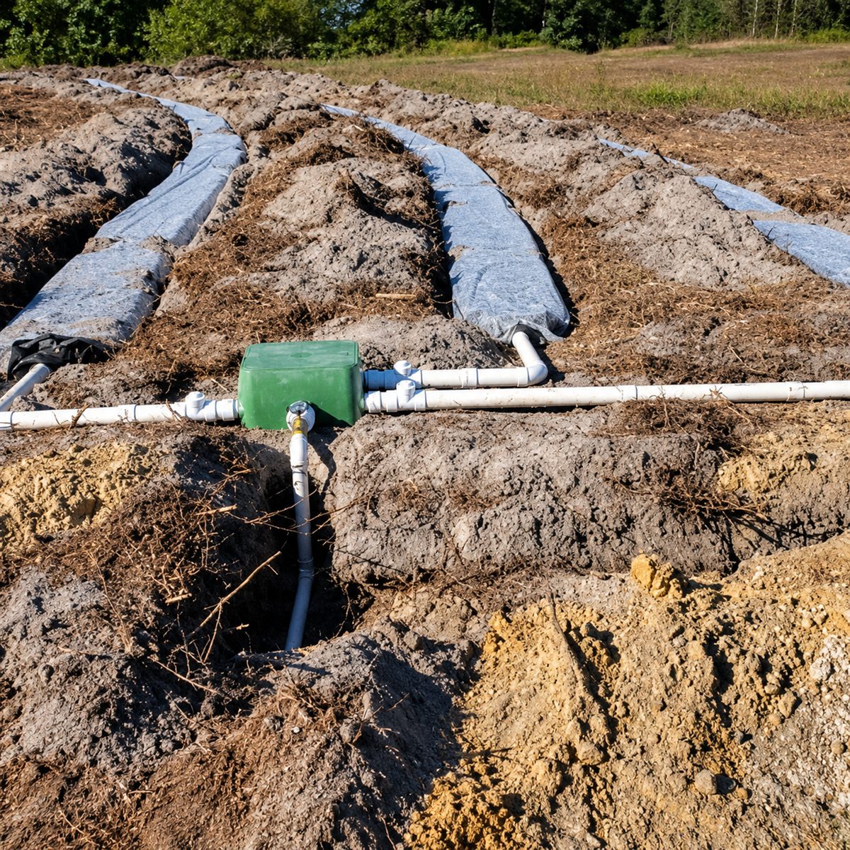 New septic drain field lines during installation
